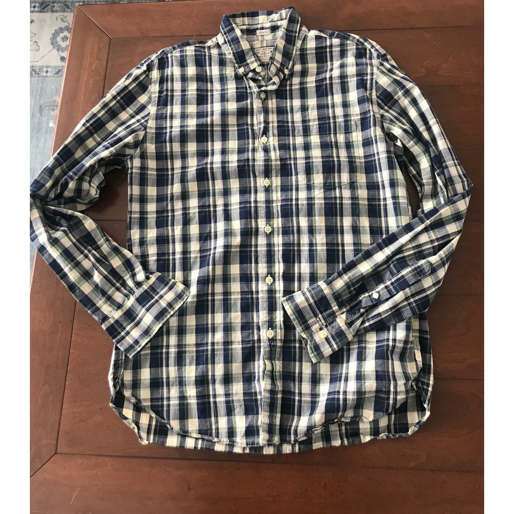 J.Crew‎ Mens Slim Fit Plaid Button Down Shirt Navy Green White Cotton Size M